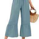 Himosyber Womens Cotton Wide Leg Cropped Pants Casual Drawstring Elastic Waisted Ruffle Hem Palazzo Pants with Pockets (S)