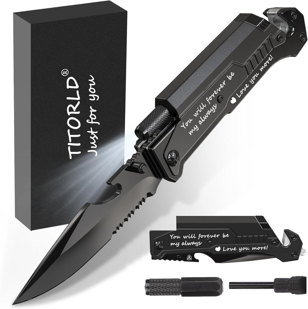 Titorld Gifts for Men Dad Fathers Day, Anniversary Birthday Gifts for Him Boyfriend Husband, Engraved Pocket Knife, Camping Hunting Multitool Knife Present, 7 in 1 Folding Knives with LED Light (3-Him-Black-Gift box)