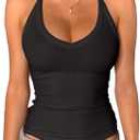 Danysu V Neck Racer Back Tank Top for Women Padded Ribbed Long Tank Fitted Basic Cami Tops (Medium, Black)