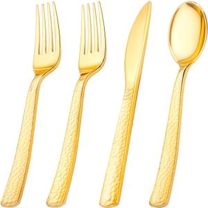 KIRE 400PCS Gold Plastic Silverware - Extra Heavy Duty Hammered Silverware Disposable Set, Gold Utensils Set Include 200 Forks,100 Knives,100 Spoons for Party/Wedding/Father's Day