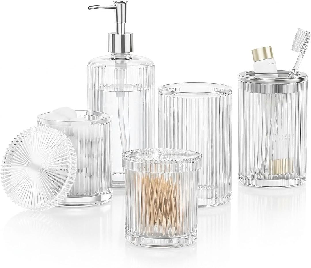 BSSN Glass Bathroom Accessories 5 Pcs, Clear Bathroom Set, Soap Dispenser, Toothbrush Holder Set, Tumber, Qtip Holder Set, Vintage Bathroom Sink Set, Cute Bathroom Decor