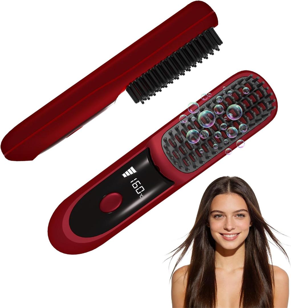 Go Brush Pro 2026, Portable Straightener Brushs for Travel, with LCD Temperature Display, Fast Heating Cordless Mini Hair Brushs (Red)