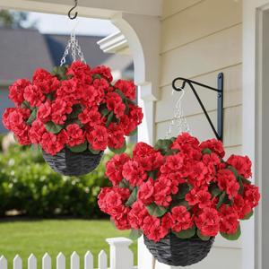 GLIDLION 2 Set Artificial Geraniums Flowers with Hanging Baskets for Outdoors - Sun Resistant Silk with Geranium Flowers, Fake Hanging Planters for Front Porch Garden Patio Home Decor (Red)