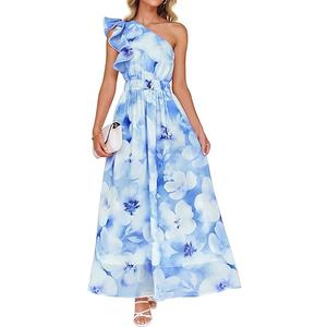 ZESICA Women's 2025 Boho Floral Sleeveless Maxi Dress Ruffle One Shoulder Elatsic High Waist Beach Party Long Dresses, Light Blue,  XL