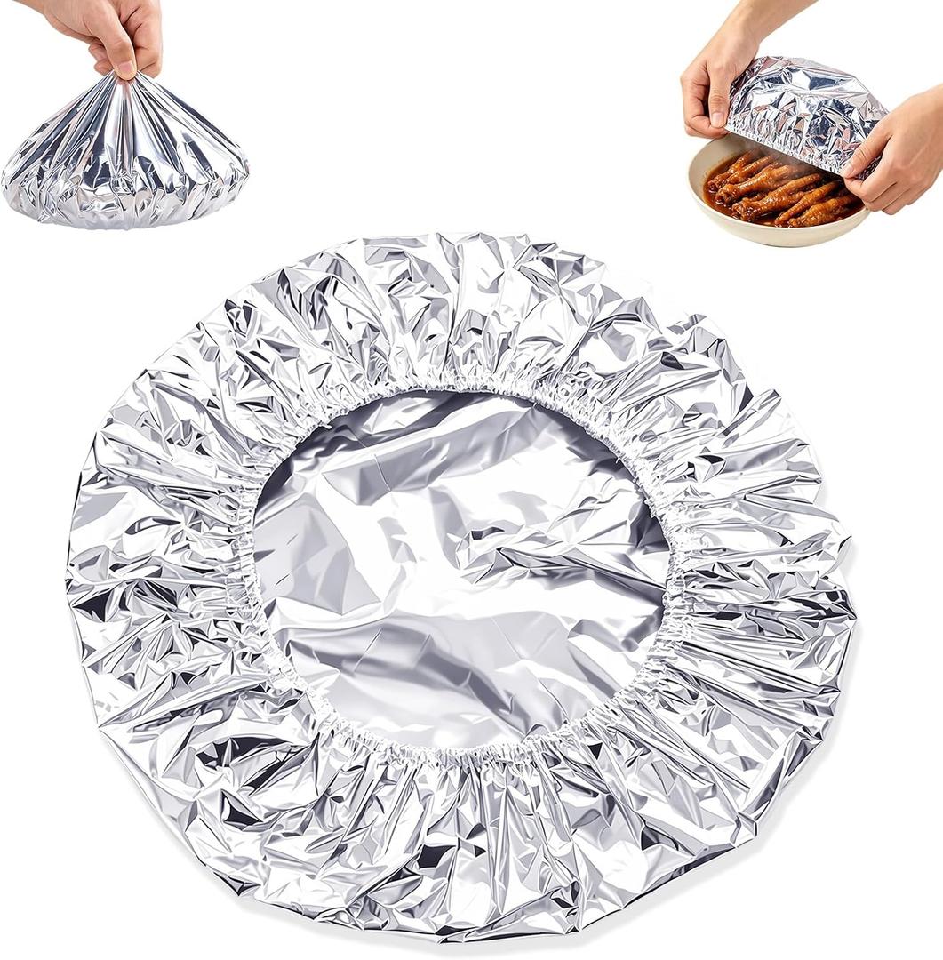 50 PCS Reusable Aluminum Foil Food Covers,TinFoil Bowl Covers with Elastic,Heat-Insulating, Freshness-Preserving, Thickened Heat-Resistant Materialfor cooking, food storage, and trave