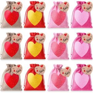 Shappy 24 Pieces Valentine's Day Burlap Bags Heart Burlap Drawstring Gift Bags with Kraft Paper Tags Love Treat Goody Bag for Valentines Candy DIY Craft Wedding Party(Love Heart)