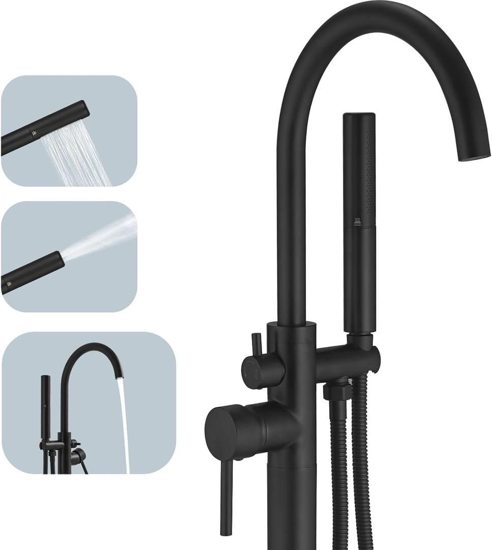 BESy Freestanding Bathtub Faucet Tub Filler Free Standing Floor Mount Stand Brass Bathroom Tub Faucets with 2 Function Hand Shower Wand Swivel, Matte Black Finish