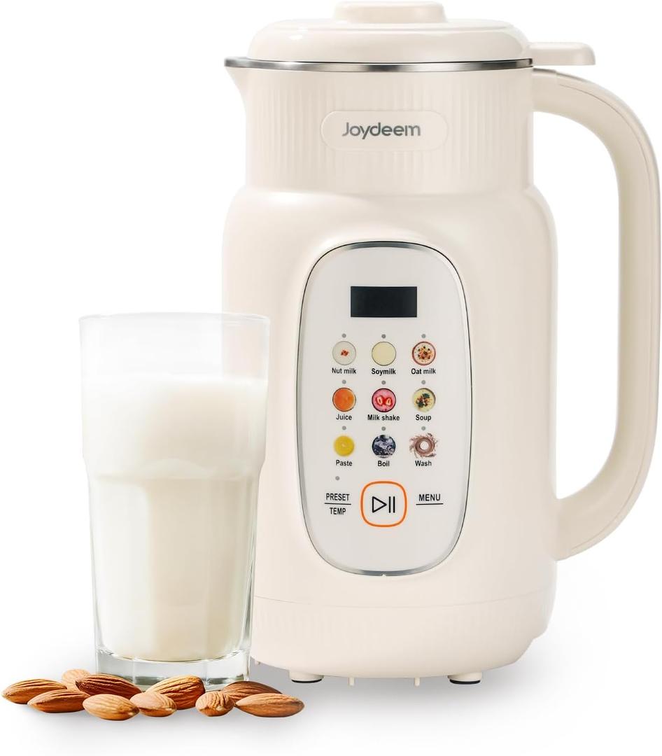 Joydeem Nut Milk Maker Machine,Adjustable Temperature Control, 46oz Almond, Soy, Oat, Coconut Plant-Based Non-Dairy Beverage Blender with 10 Blades, Auto Clean, Boil Water, Timer, Keep Warm, White