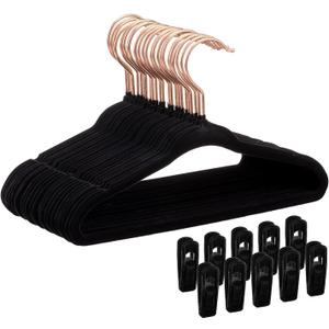 Velvet Baby Hangers 30 Pack - 11 Inch Premium Felt Non Slip Kids Hanger for Infant Toddler Clothes - 0.2" Ultra Thin Baby Clothes Hangers for Children's Closet with 10 Hanger Clips - Black