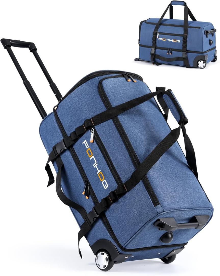 Ponhog Rolling Duffle Bag with Wheels, 25 Inch Large Travel Duffel Bag with Shoe Compartment, Water Resistant Rolling Wheeled Luggage for Men Women Weekender Overnight Trip, Blue