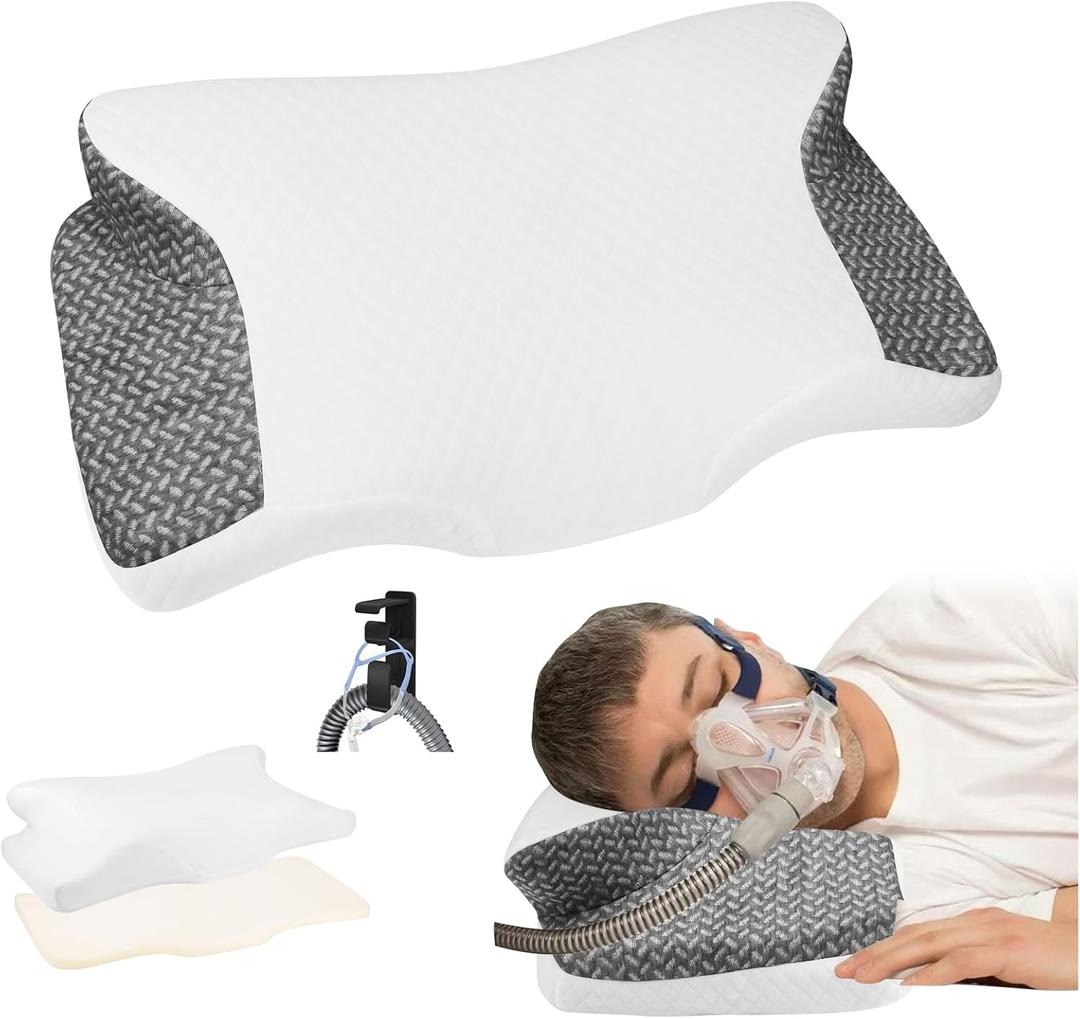 Cervical Neck CPAP Pillow for Side, Back Sleepers to Neck Pain Relief - Reduce Air Leaks & Mask Pressure for Better Sleep- Include CPAP Hose Holder - Avoid Hose Tangles & Keep The Hose Off The Floor (Gray)