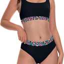 Beautikini Period Swimwear for Teens Two Piece Menstrual Leakproof Swimsuit Bikini Set Mid Waist Print Bathing Suit for Girls (Small, Black)