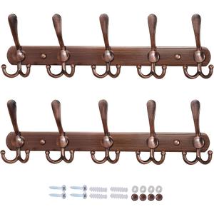 Dseap Wall Mounted Coat Rack - 5 Tri Hooks, Heavy Duty, Stainless Steel, Metal Coat Hook Rail for Coat Hat Towel Purse Robes Mudroom Bathroom Entryway (Wood, 2 Packs)