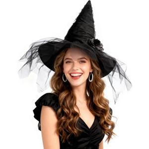 Witch Hat for Women Halloween Lace Wizard Hat Party Hats Black Mesh Veil Wizard Women's Costume Accessory for Adults Fancy Dress Halloween Accessories