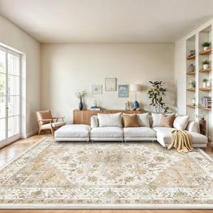 AMADA HOMEFURNISHING 9x12 Area Rugs, Low-Profile Large Washable Area Rug with Non-Slip Backing & Durable Edge Binding, Vintage Rugs for Living Room, Bedroom & Dinning Room (Beige)