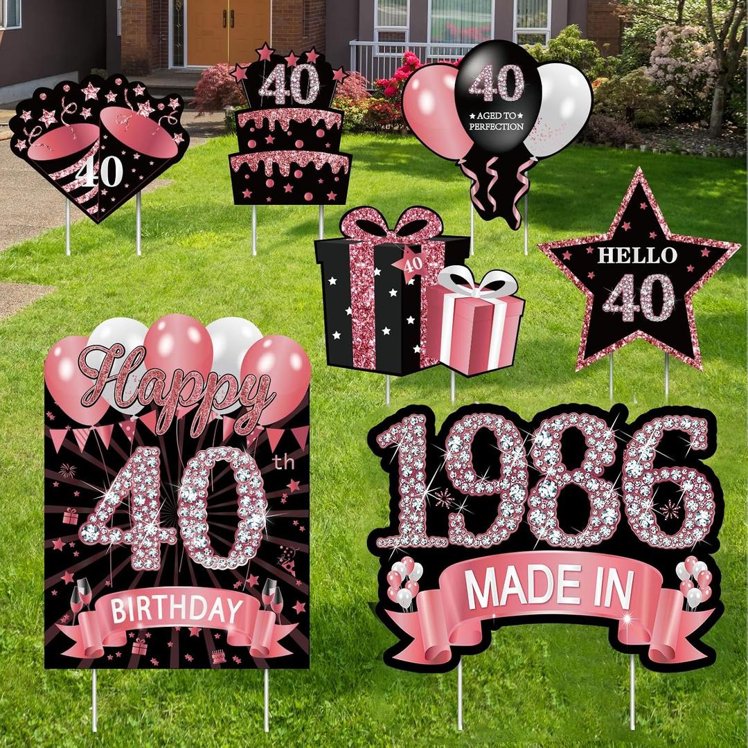 7Pcs Rose Gold 40th Birthday Yard Sign Decorations for Women,Happy 40th Birthday Made in 1986 Lawn Sign Party Supplies,Forty Year Old Outdoor Yard Decor with Stakes, Large