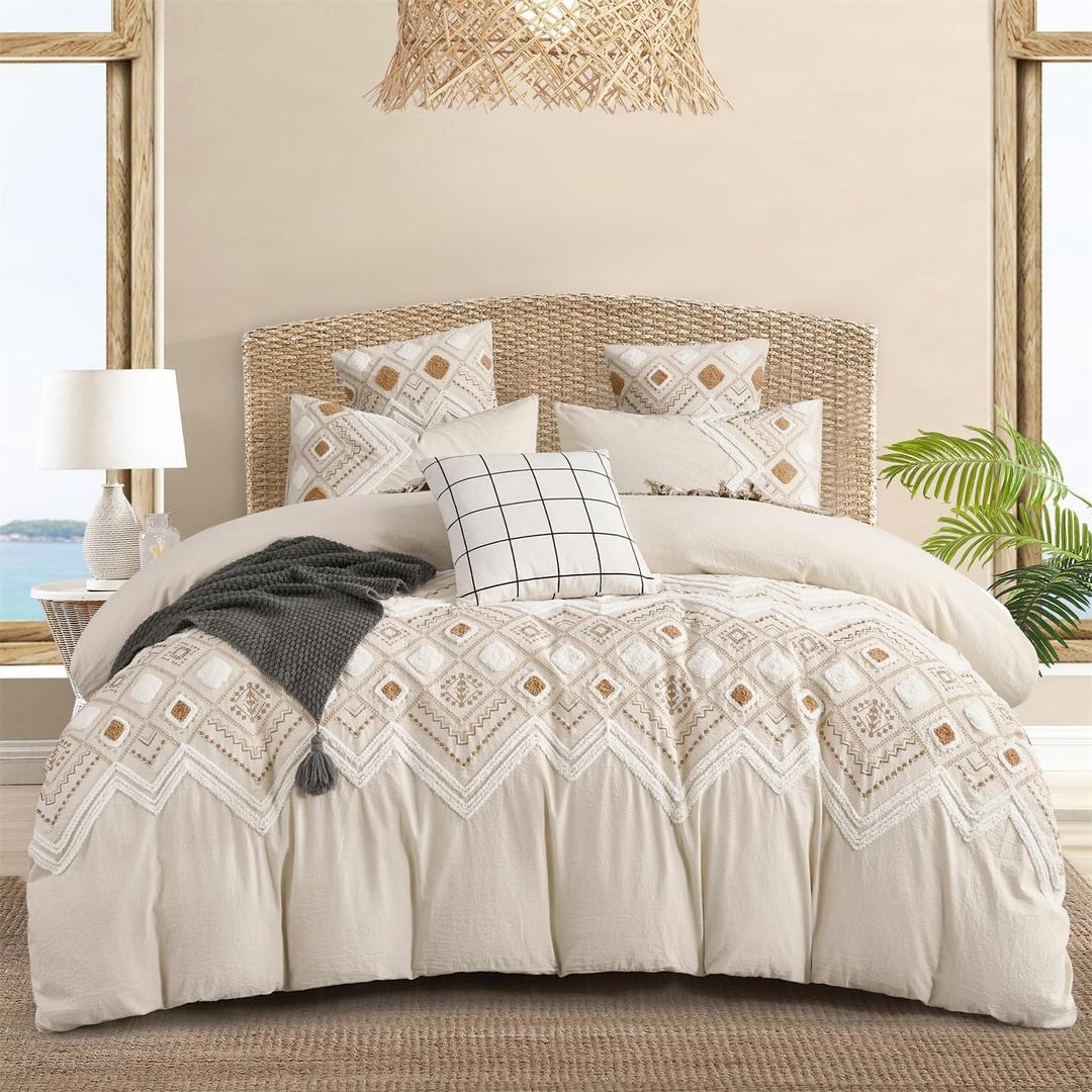 Luxurious Tufted Cotton Boho Duvet Cover Queen Set 3 Pieces, Linen Like,Top-end Textured Cotton Fabric, Breathable,No Shedding, Easycare, Queen Size, Beige Linen Color