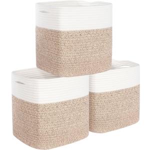 MINTWOOD Design 3-Pack 11x11in Woven Cube Storage Bin and Shelf Baskets, Cute Decorative Square Organizer for Closet, Classroom, Bathroom, Dog and Cat Toys, and Books, Light Brown