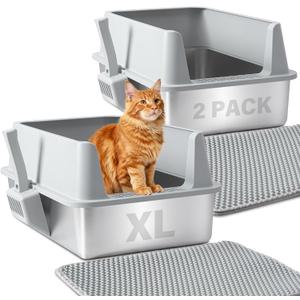 Stainless Steel Litter Box 2 Pack, Large Metal Litter Box with Lid, XL Cat Litter Boxes for Adult/Big Cat, Anti-Urine Leakage, Easy Cleaning, No Smell, Non-Stick, Includes Litter Scoop and Mat
