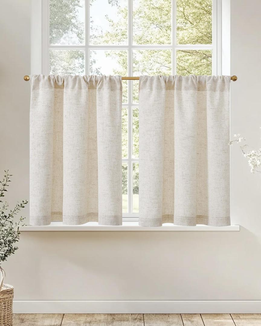 jinchan Natural Linen Kitchen Curtains 36 Inch Rustic Tier Curtains Farmhouse Rod Pocket Cafe Small Window Drapes with Lined Flax Country Light Filtering for Bathroom Laundry Room RV 2 Panels Crude