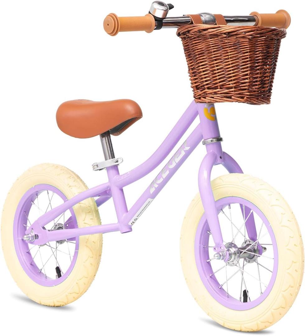 ACEGER 12" Kids Balance Bike with Basket, Toddler Bicycle for Early Learning Leg Strength and Steady Balancing, Durable Frame&Tool-Free Adjustable Seat, Gift Bike for 2-5 Kids, No Brake (Strider-Purple)