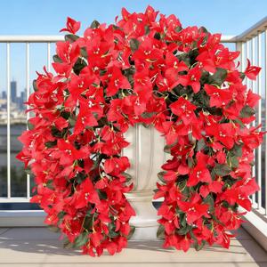 3Pack Faux Bougainvillea Artificial Flowers Plants for Outdoor Outside Decoration, Red Fake Flowers UV Resistant Look Real Silk Long Trailing Vines for Front Door Porch