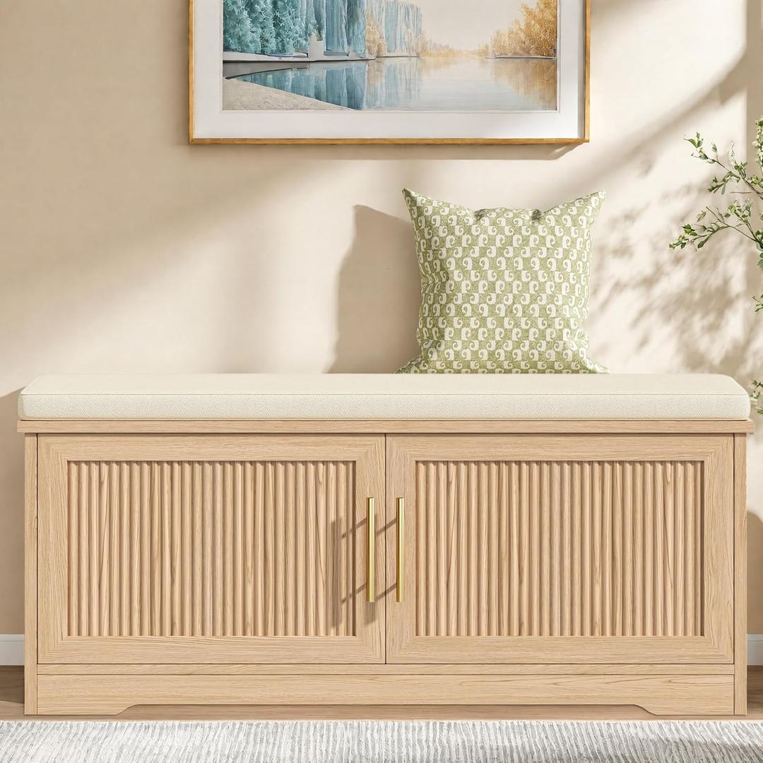 Keehusux 39.4" Fluted Shoe Storage Bench with Seat Cushion, Natural Oak, 39.4"W x 13.8"D x 17.7"H