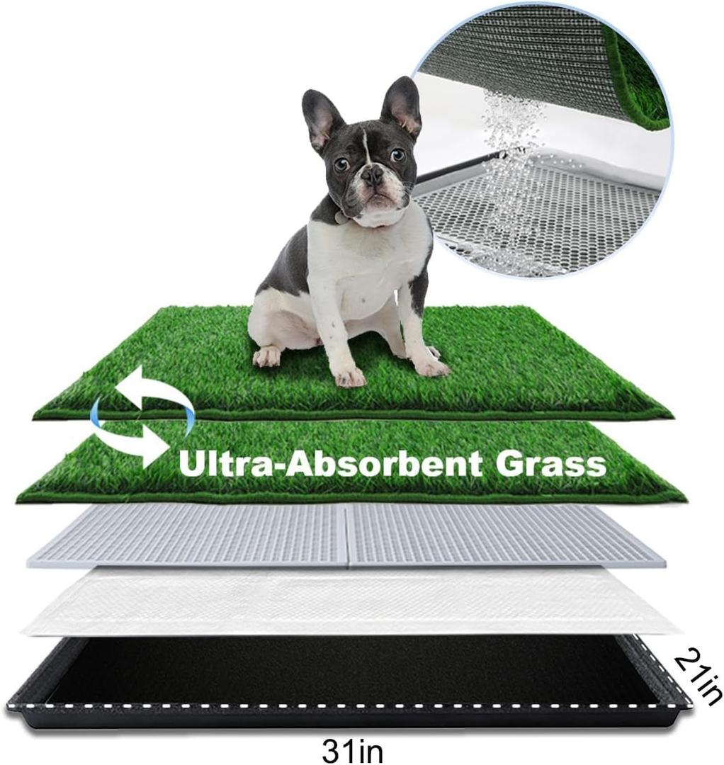 HQ4US 4LEGS Dog Grass Pad with Tray Medium 3121, Dog Litter Box with Odor Free Artificial Grass Pee Pads for Dogs Potty Tray with Hemmed Edge, Realistic for Indoor Balcony