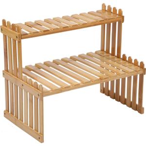 14.6"/18.5" 2 Tiers Bamboo Plant Stand Shelf,Desk Flower Pot Holder,Adjustable Desktop Shelf Display Organizer Ladder Rack For Office Decorate Storage Rack,Kitchen rack (14.6" Length)
