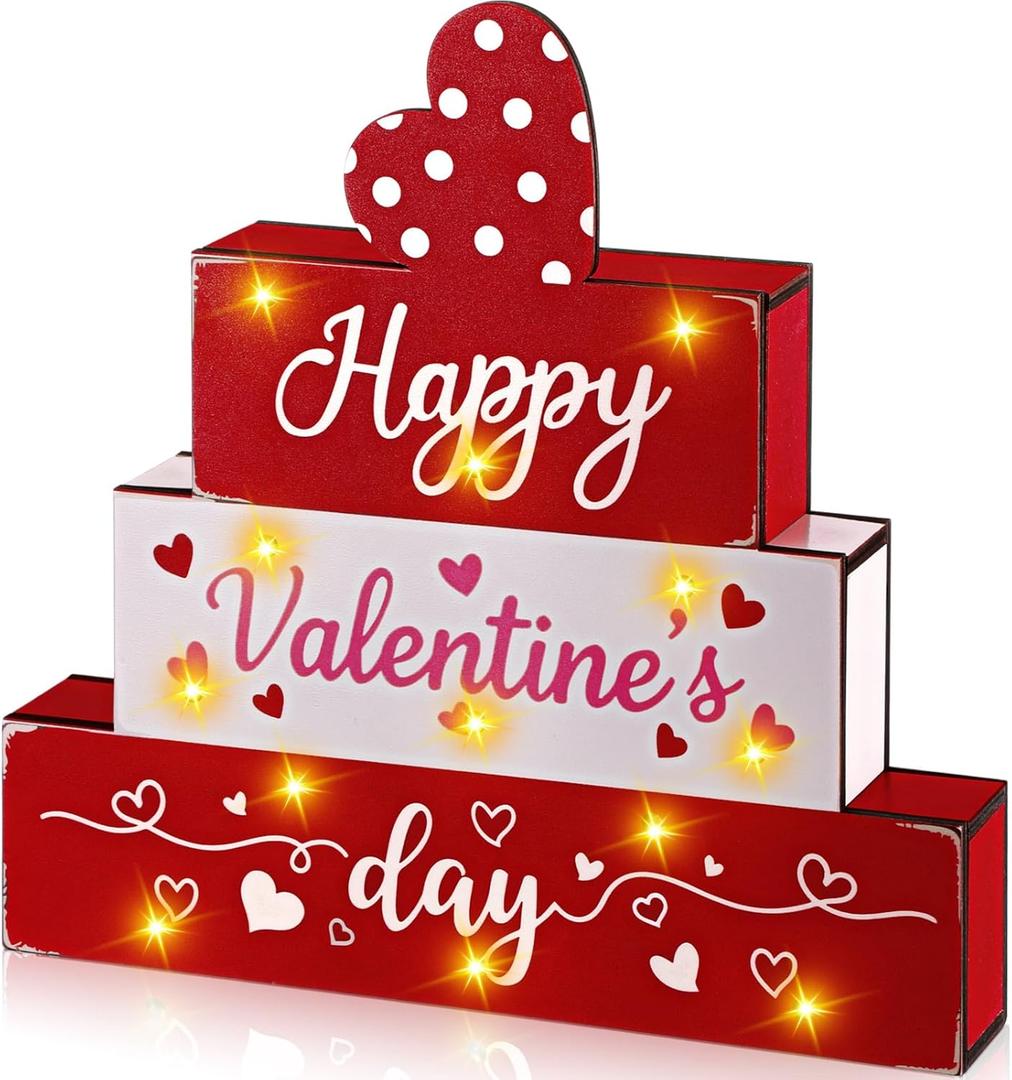 Valentines Decor Wooden Sign 13 LED Lights Happy Valentine's Day Set Light up Wood Block Set Farmhouse Battery Operated Romantic Decorations for Table Mantle Centerpiece Tiered Tray Gifts