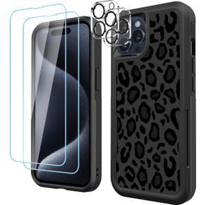 [5 in 1 for iPhone 15 Pro max Case,with 2 Pack Screen Protector + 2 Pack Camera Lens Protector,Heavy-Duty Tough Rugged Lightweight Slim Shockproof Protective Case for Women,Cute Leopard
