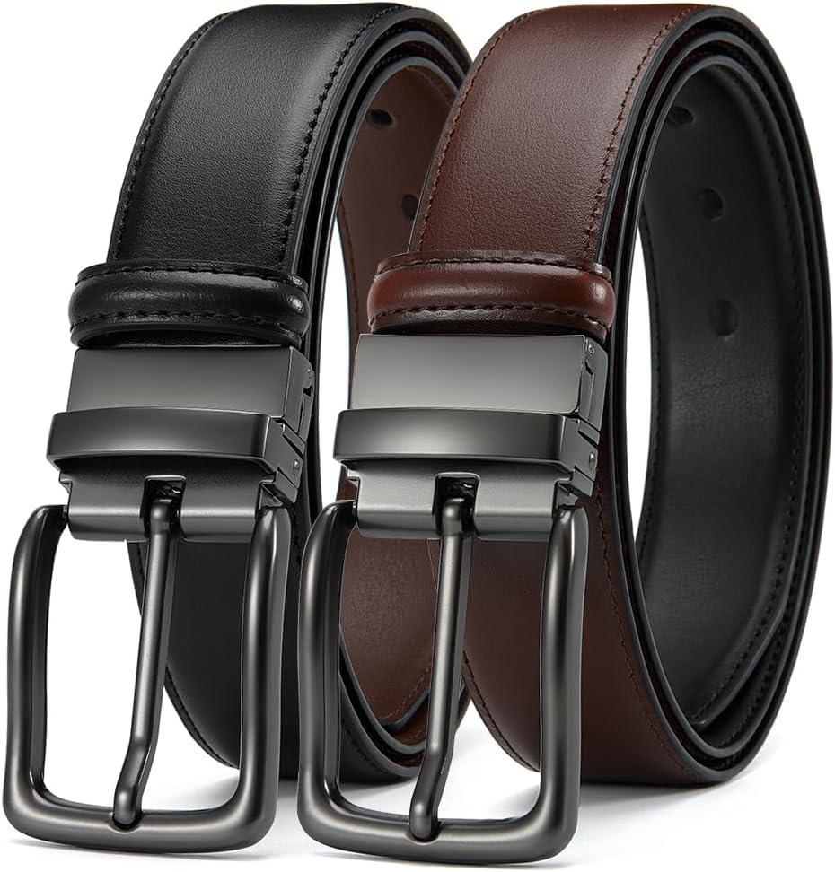 DOOPAI Reversible Leather Belt for Men 1.25" - Dual Sided Dress and Casual Belt, Trim to Fit, 2 Styles in One Belt (30"-34"Waist Adjustable, Black/Red Brown-2)