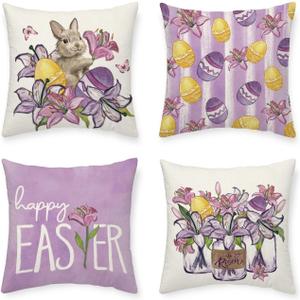 Happy Easter Purple Lily Pillow Covers Watercolor Eggs Bunny 18 x 18 Inch Throw Pillows, Spring Anniversary Celebration Seasonal Decorative Farmhouse Cushion Case for Sofa Couch Set of 4