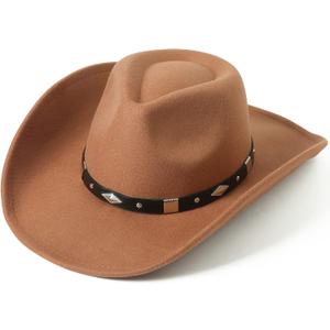 Lanzom Women Men Classic Felt Wide Brim Western Cowboy Cowgirl Hat with Belt Buckle (Large-X-Large, Khaki)