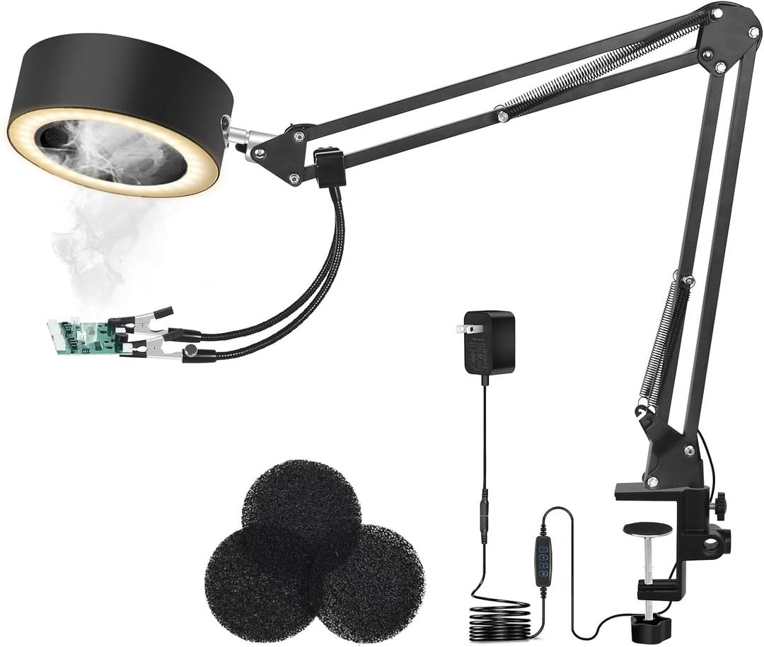 3-in-1 Solder Fume Extractor Smoke Absorber Remover with 26in Adjustable Arm, 3 Carbon Filters, Soldering Fan Lamp with 3 Colors 10 Brightness for PCB Repairing Laser Cutter ESD DIY Work Desoldering