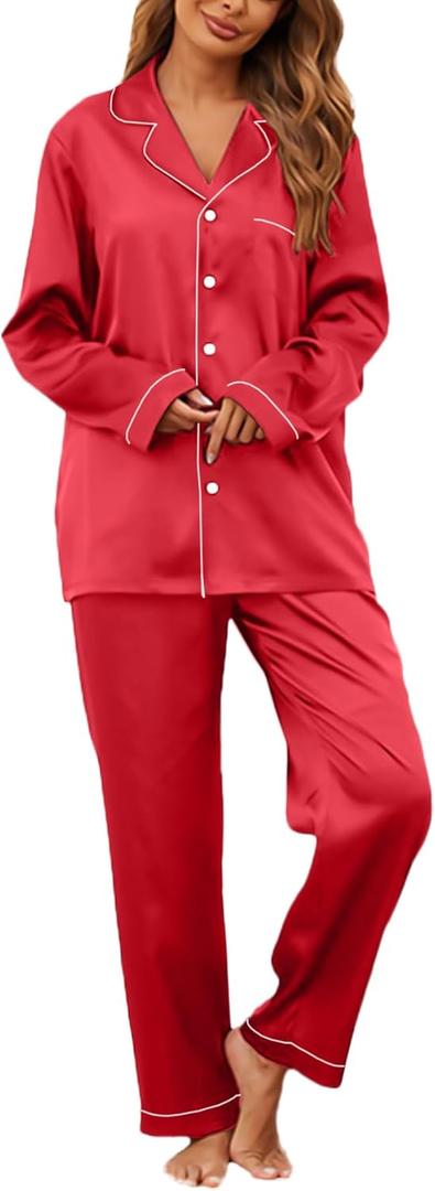 IFFEI 2 Pieces Silk Satin Womens Pajamas Set Button-Down Long Sleeve Girls Pajamas with Pockets (Medium, Red)
