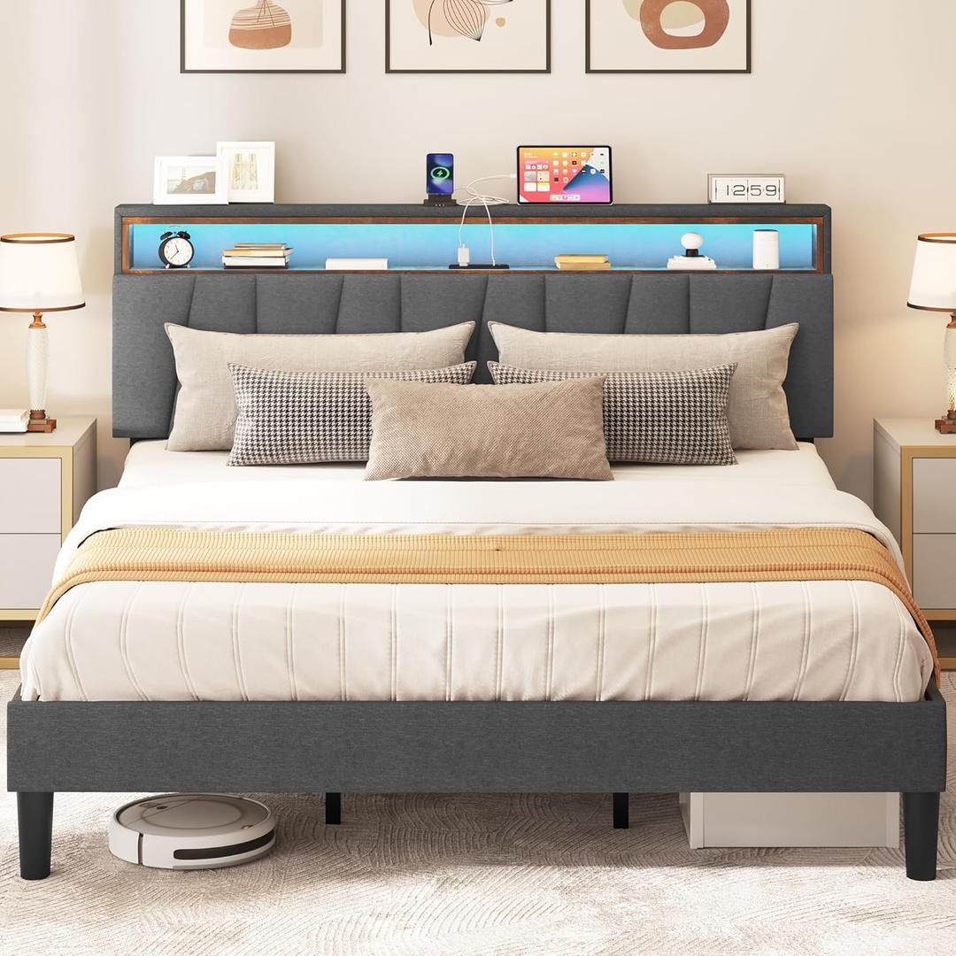 DWVO Full Size Bed Frame with Storage Headboard