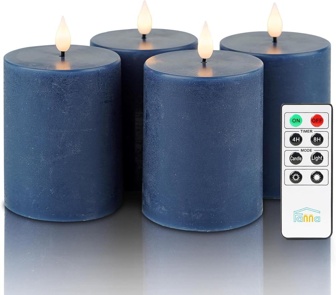 Fanna Flameless Pillar Candles with Timer in Real Wax for Advent and Christmas, Battery Operated Led Candles with Remote, 8 Batteries Included - Set of 3 (D 3" x H 4") - Dark Blue