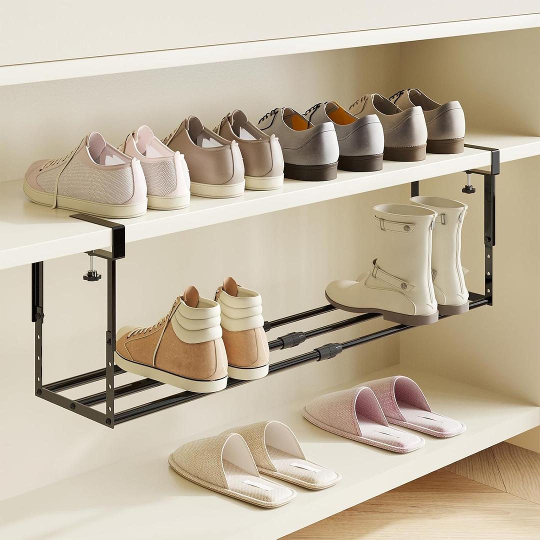 Expandable Shoe Rack Organizer for Cabinet, Adjustable Hanging Under Shelf Storage, Sturdy Round Tube Design, Space Saving Shoe Shelf for Closet, Entryway, Laundry Room, Black