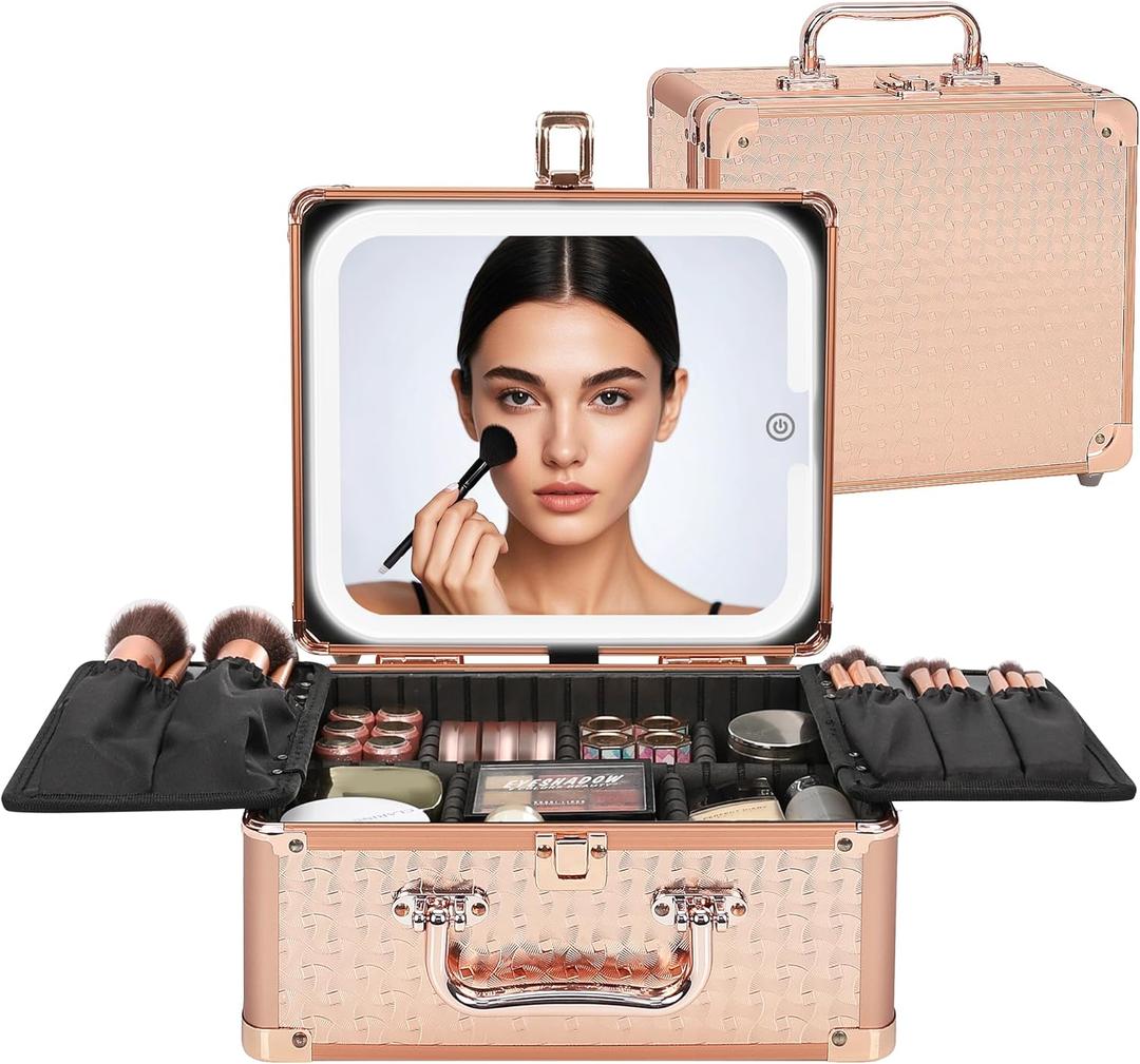 Relavel Makeup Bag with LED Mirror, Makeup Box Travel Train Case with Rechargeable Lighted Mirror, Cosmetic Brush Organizer Storage for Makeup Artists Gifts for Women and Girls, Rose Gold (Small)