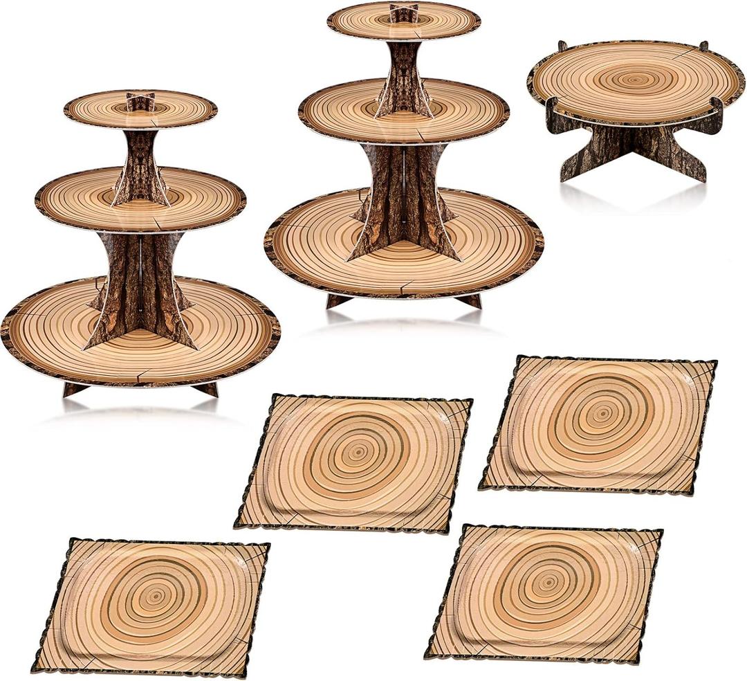 Sawysine 7 Pcs Woodland Cupcake Stand Set Includes 2 Wooden Cupcake Stand 1 Rustic Cake 4 Rectangle Serving Tray Tree for Forest Christmas Birthday Baby Shower Western Camping Hunting (Rectangle)