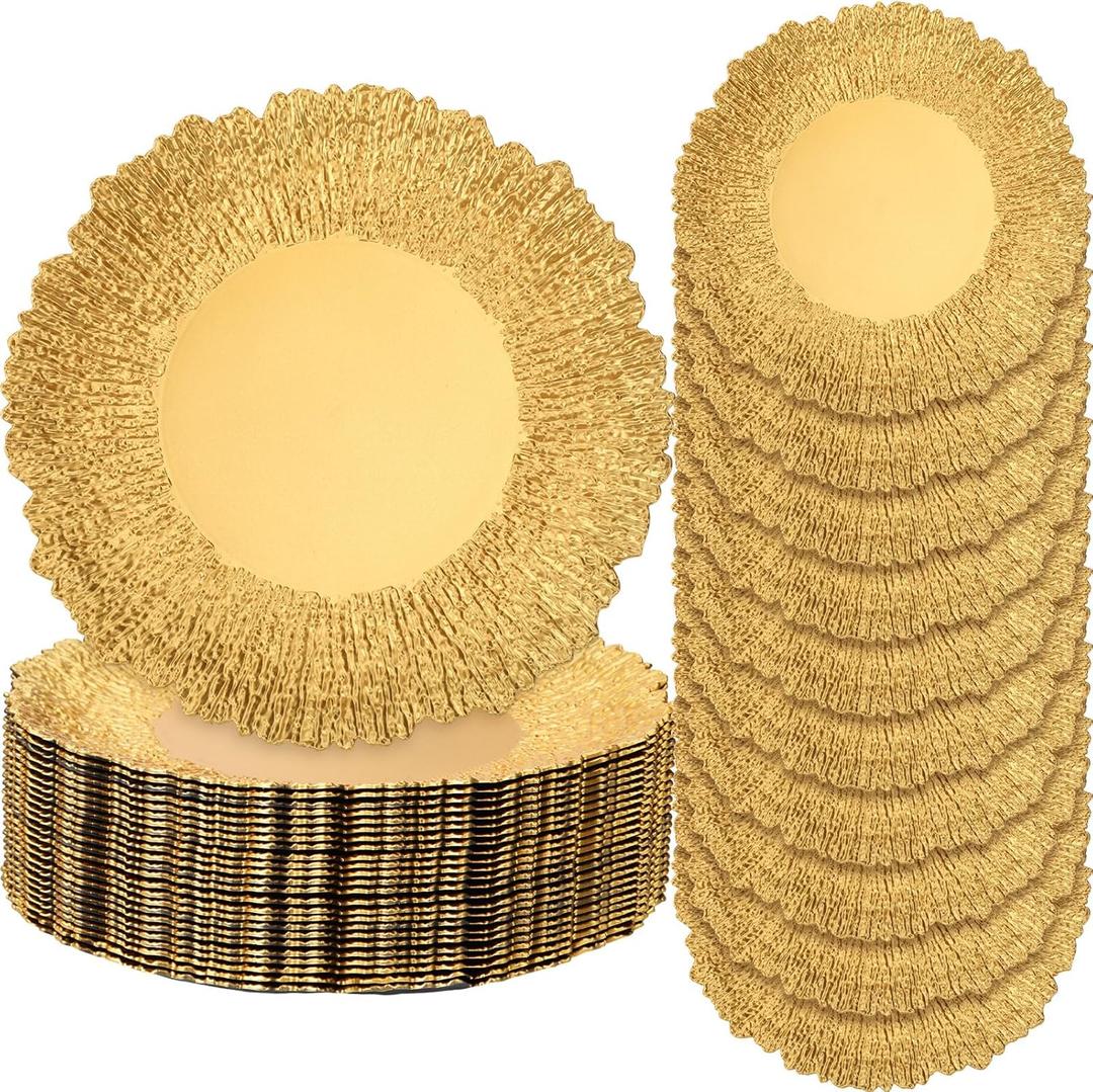 Didaey 24 Pack Metallic Charger Plates 13inch Round Elegant Serving Plates Plastic Disposable Chargers Bulk Dinnerware Set for Dinner Wedding Party Events Catering Decoration (Gold,Embossed Rim)