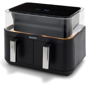 GreenPan Clearview 10QT Double Air Fryer, 360 Clear Window, PFAS-Free Ceramic Nonstick 5QT Drawers & Trays, Dual Cooking, 12-Presets, Shake Reminder, Keep Warm, Dishwasher Safe Parts (Black)