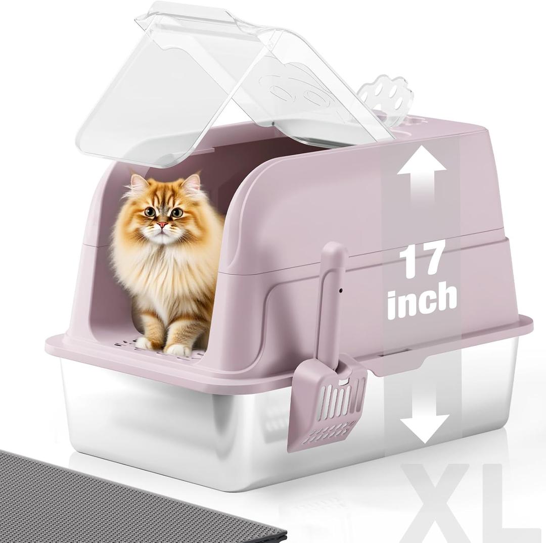 Stainless Steel Cat Litter Box Fully Enclosed Extra Large Metal High Sided Cat Box with 120 Fully Transparent See-Through Flip Lid, Scoop & Mat - Pink -XL