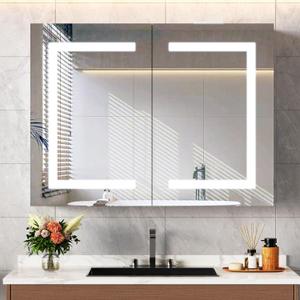 Snughome Bathroom Medicine Cabinet with Mirror and LED Lights, Wall Mount Bathroom Mirror with Storage, Anti-Fog, Built-in Power Outlets, Dimmable 3 Color Temp, Antirust Easy to Install, 31.5" x 23.6"