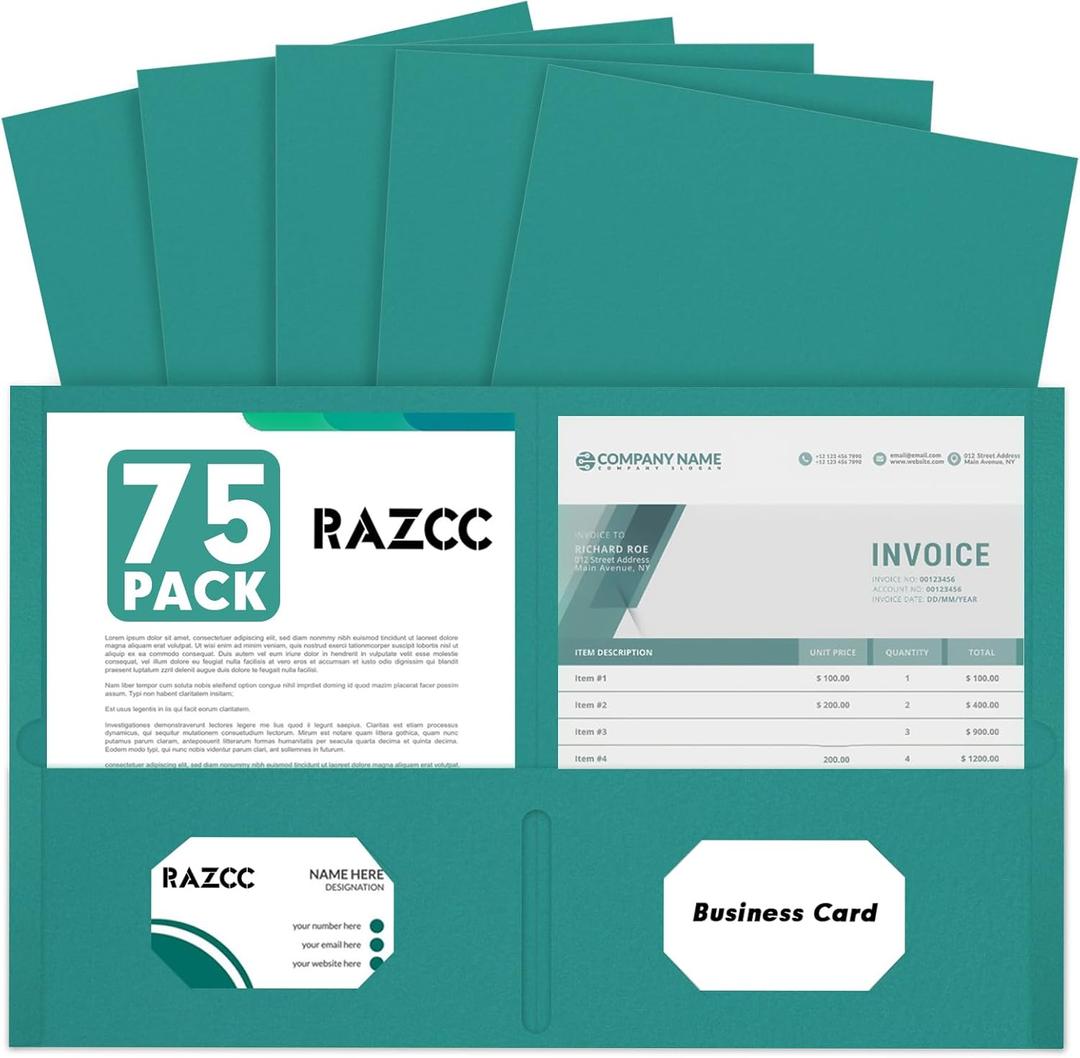 Two Pocket Folders, RAZCC 75 Pack 2 Pocket Folders Fit Letter Size Paper, Paper Folders with Pockets for School Office Business Home, Turquoise