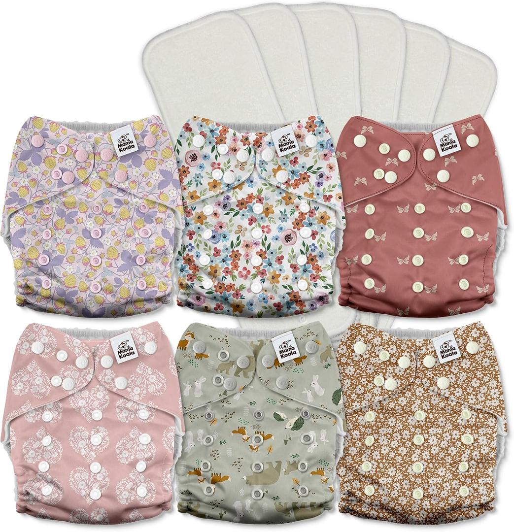 Mama Koala 3.0 Pocket Cloth Diapers for Babies with AWJ Lining, 6 Pack with 6 5-Layer Natural Cloth Diaper Inserts - Reusable and Washable Pocket Diapers(A-Wild Flowers)