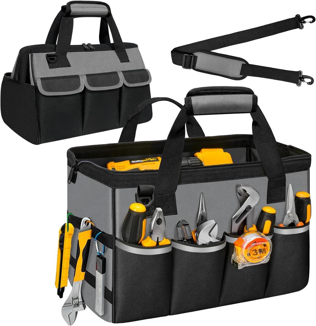 Tool Bag, Portable Tool Box Organizer Adjustable Shoulder Strap, Carry Tool Tote Heavy Duty Tool Storage Bag With Wide Mouth,Tool Bags for Men Mechanic EngineerGift - L, Dark Grey & Black