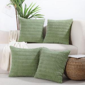 All Smiles Decorative Sage Green Throw Pillow Covers 18x18 Set of 4 Farmhouse Rustic Boho Home Decor Soft Plush Striped Corduroy Square Cushion Case for Living Room Couch Bed Sofa (18" x 18" (Pack of 4))