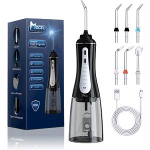MOCEL Water Dental Flosser Oral Irrigator with 5 Modes, 350ml Cordless Water Teeth Cleaner Pick 6 Tips, IPX7 Waterproof Rechargeable Portable Powerful Battery for Travel & Home Braces & Bridges Care
